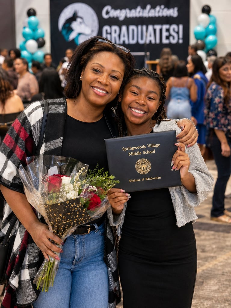 Two graduates smile while holding a diploma and flower bouquet at a school graduation ceremony with congrats banner and guests in background