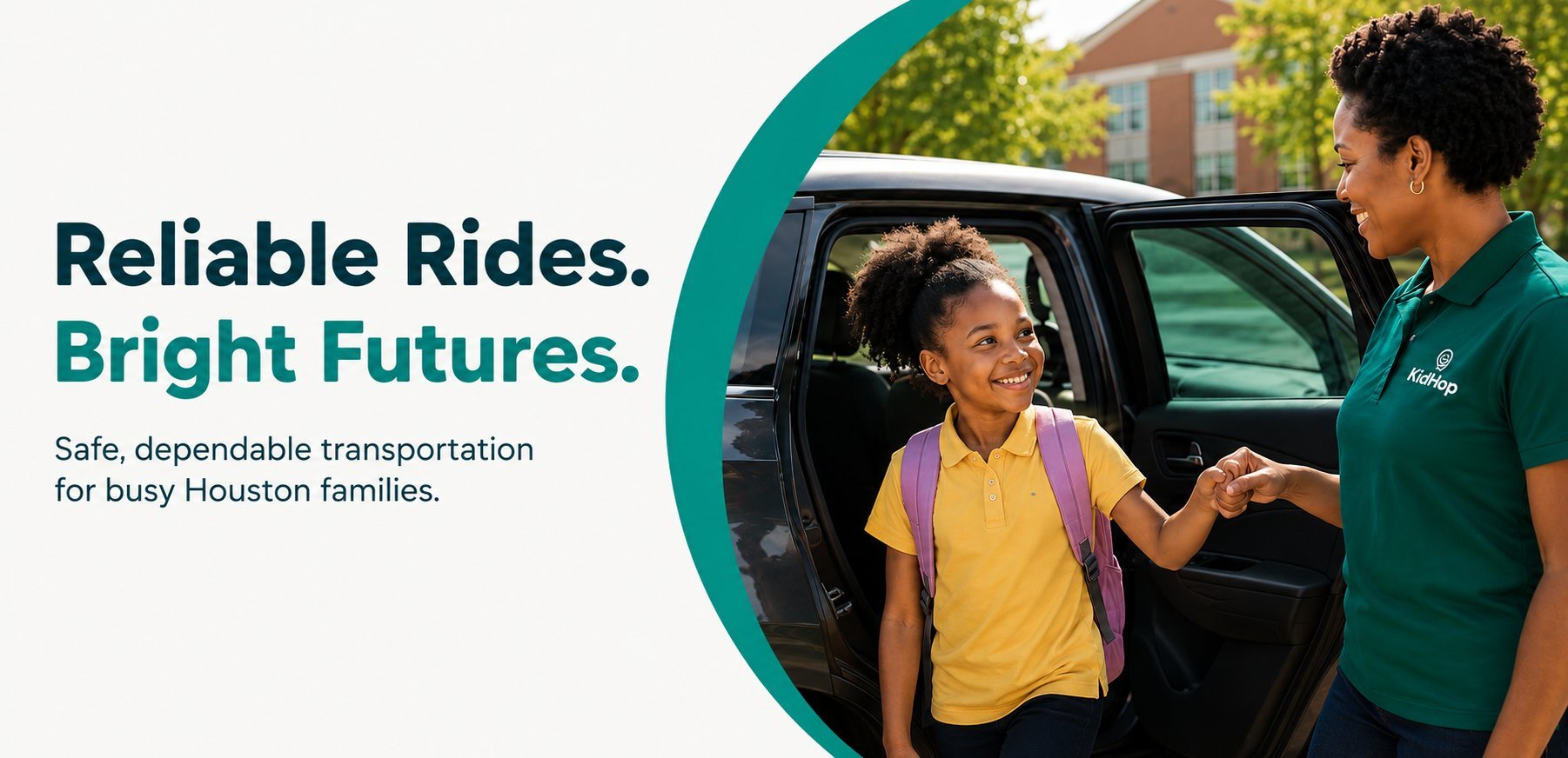 Child in yellow shirt being greeted by smiling rideshare driver in green uniform at open car door